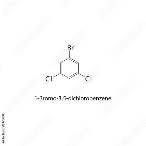 1-Bromo-3,5-dichlorobenzene skeletal structure. Brominated Chlorinated Benzene compound schematic illustration. Simple diagram, chemical formula.
