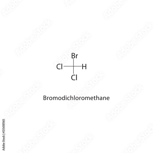 Bromodichloromethane skeletal structure. Brominated Halomethane compound schematic illustration. Simple diagram, chemical formula.