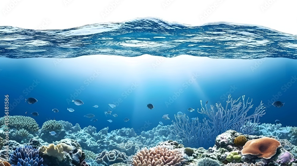Fototapeta premium Vibrant Coral Reef Underwater Scene with Colorful Fish and Bubbles in Clear Ocean Water
