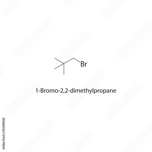1-Bromo-2,2-dimethylpropane skeletal structure. Brominated Alkane compound schematic illustration. Simple diagram, chemical formula.
