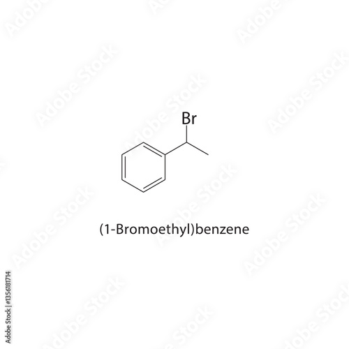 (1-Bromoethyl)benzene skeletal structure. Brominated Alkylbenzene compound schematic illustration. Simple diagram, chemical formula. photo
