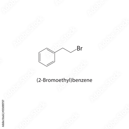 (2-Bromoethyl)benzene skeletal structure. Brominated Alkylbenzene compound schematic illustration. Simple diagram, chemical formula. photo