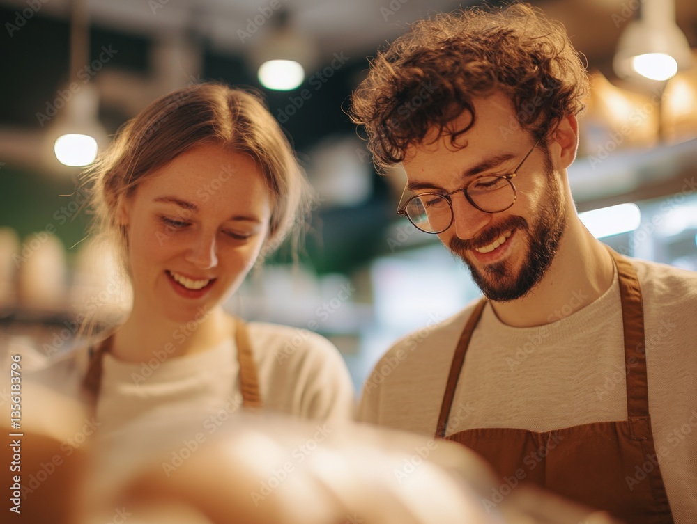 Two people smiling, working together Two people smiling, working together
