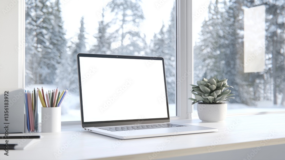 Fototapeta premium Stylish workspace with laptop and plant, perfect for home office aesthetics in winter scenery.
