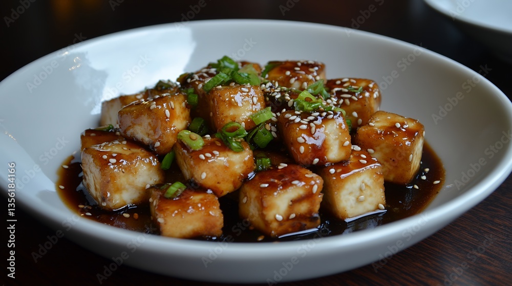 delicately browned tofu served hot with garnish delicately browned tofu served hot with garnish