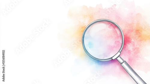 magnifying glass rests on colorful watercolor background, symbolizing focus and exploration. vibrant hues blend seamlessly, creating sense of curiosity and discovery