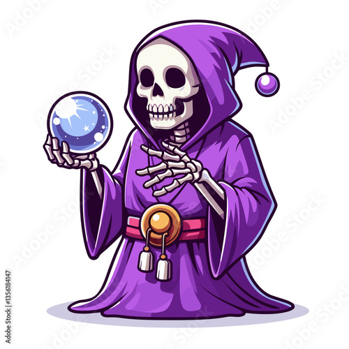 Mystical skeleton fortune teller in purple robe holding crystal ball. Ideal for psychic service graphics or magical-themed Halloween event promotions.