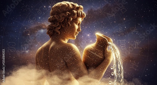 Aquarius zodiac sign against a colorful night sky. Astrological calendar. Zodiac circle with horoscope signs. High-quality illustration.