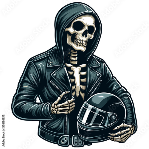 Motorcycle rider skeleton in black leather jacket holding helmet. Ideal for biker club graphics or Halloween motorsport event promotional materials.
