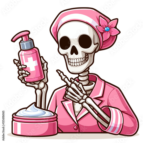 Skeleton beautician with cosmetics in pink outfit, perfect for beauty industry or makeup tutorial branding