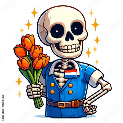 Skeleton sailor with tulip bouquet in naval uniform, perfect for maritime occasions or floral delivery services