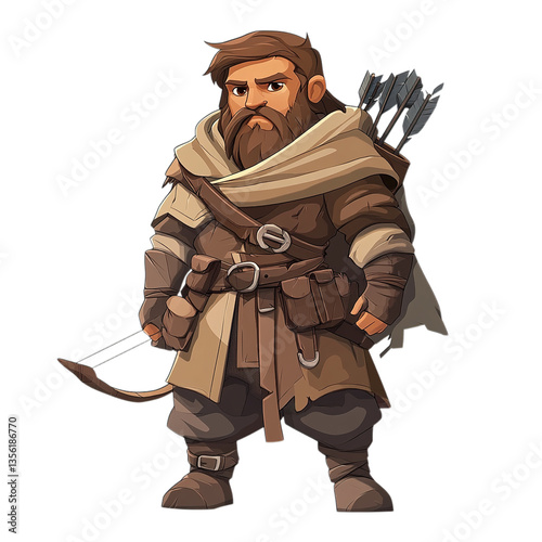 A cartoon dwarf archer with a beard wearing brown clothes and holding a bow