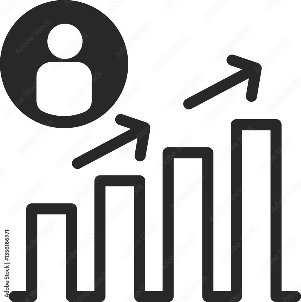 User growth solid icon with bar chart and upward arrows, vector.