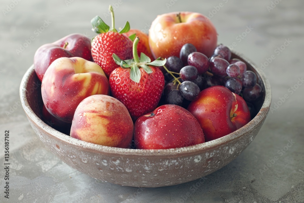 Assorted fresh fruits in a brown bowl on a gray surface Assorted fresh fruits in a brown bowl on a gray surface