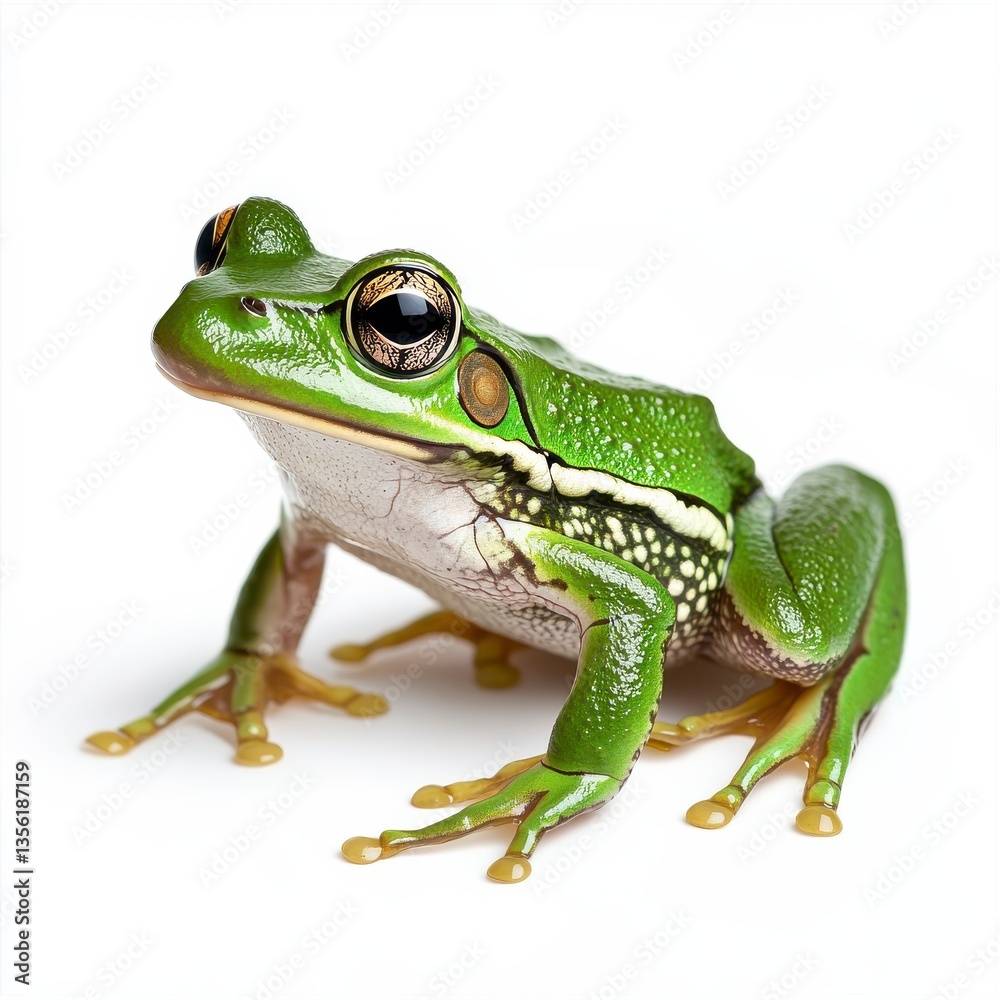Obraz premium Bright green frog sitting on white background showcasing its glossy skin