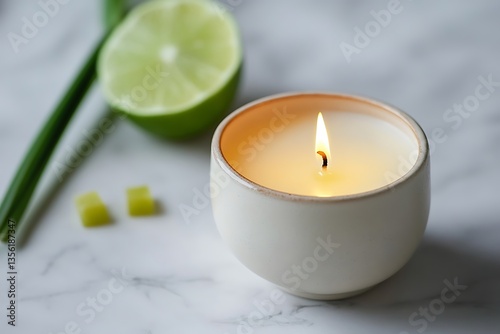Scented candle near lime and herbs on marble.  Possible use Relaxation, spa, or home decor photo