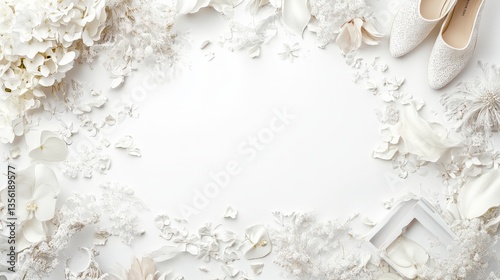 Fopplestus Style Wedding Composition: Accessories, Shoes, and Bouquet on White Background