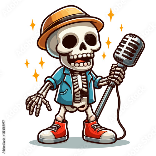 Singer skeleton in blue jacket and hat with vintage microphone. Ideal for music events, concert promotion or entertainment-themed Halloween graphics.