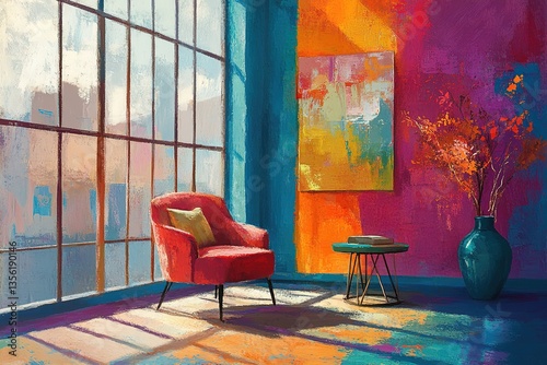 Stylized as an oil painting a modern interior room has colorful walls large windows and stylish furniture with a bright and stylish design