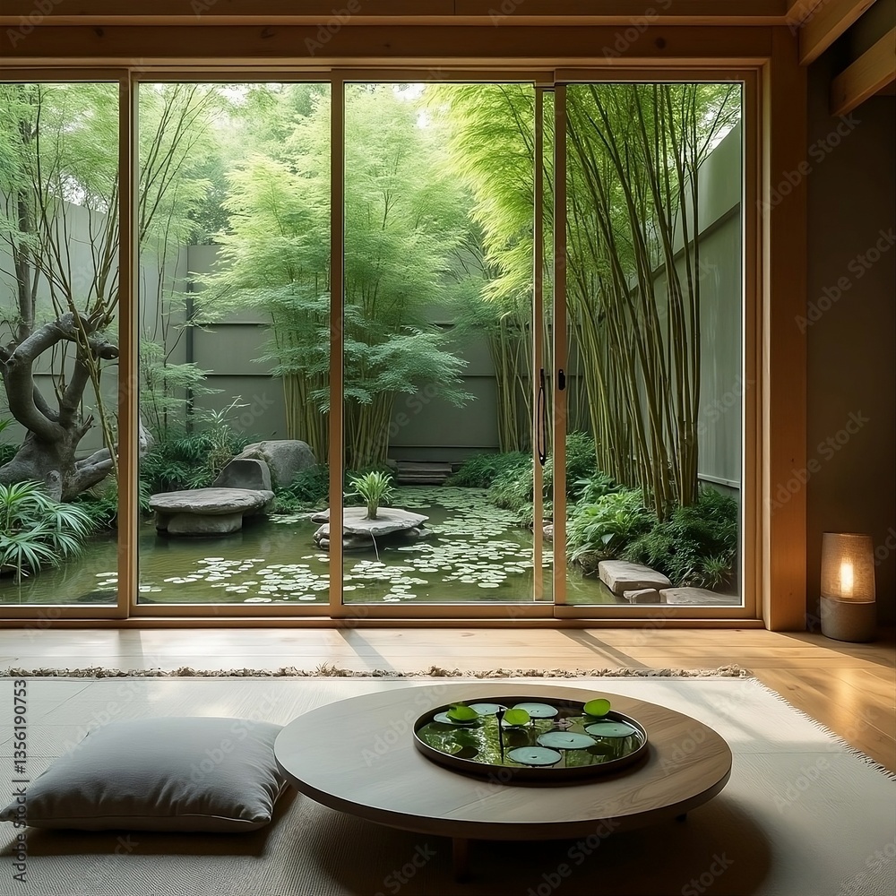 Fototapeta premium A minimalist Japanese living room with floor-to-ceiling glass walls revealing an indoor bamboo garden. A small, circular pond with floating lotus flowers and gentle ripples adds to the peaceful