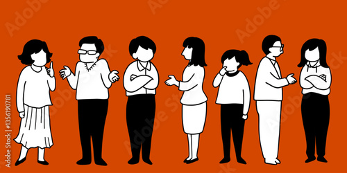 いろいろな人々が話し合ったり疑問を持っている線画イラスト