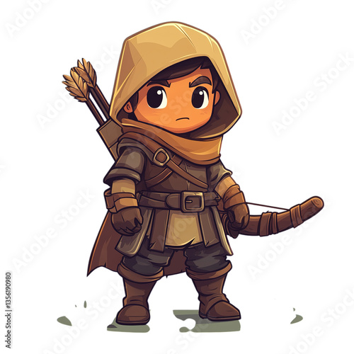 A cartoon archer with a hood and bow stands ready for adventure in the woods