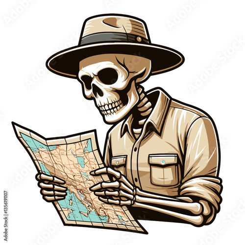 Explorer skeleton in khaki outfit examining detailed map. Ideal for travel agencies, adventure tourism or exploration-themed Halloween marketing materials.