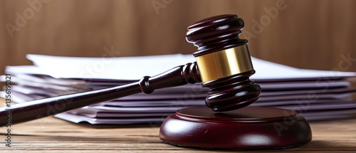 Judicial gavel on documents ready for court proceedings.