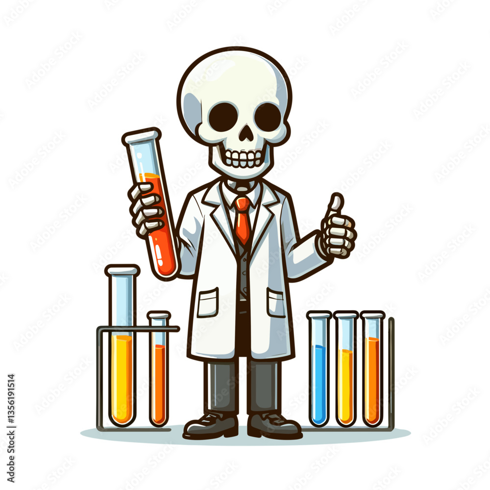 Cartoon skeleton scientist in lab coat holding test tube. Perfect for scientific research humor or laboratory concepts with educational twist.