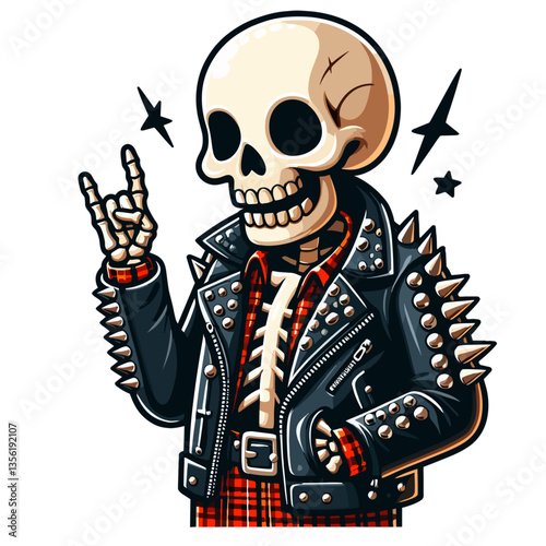 Cartoon skeleton punk rocker in leather jacket making rock gesture. Ideal for music culture or concert concepts with rebellious macabre attitude.