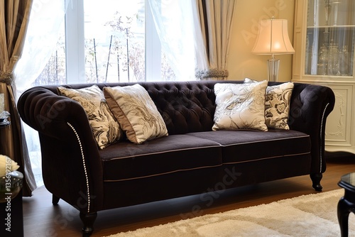 Stylish living room interior with comfortable dark sofa