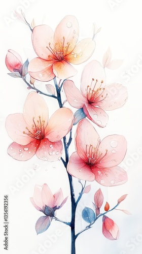 Delicate watercolor illustration capturing the beauty of blooming cherry blossoms with droplets reflecting morning light