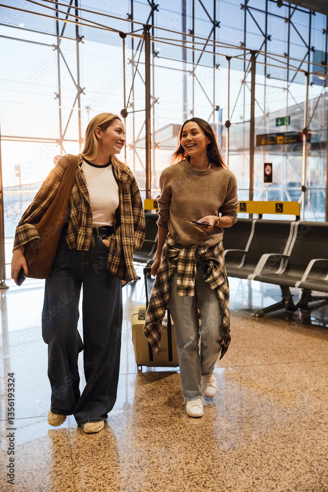 A young White woman in her late 20s, smiling widely while talking to her young White female friend, as they walk through an empty airport hall while she is wheeling a suitcase behind her A young White woman in her late 20s, smiling widely while talking to her young White female friend, as they walk through an empty airport hall while she is wheeling a suitcase behind her