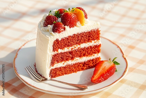 Deliciosa tarta de bodas con fresas y crema en un entorno festivo al aire libre photo