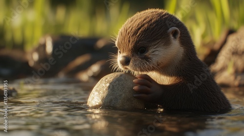 Cute otter holding stone while sitting in tranquil stream water