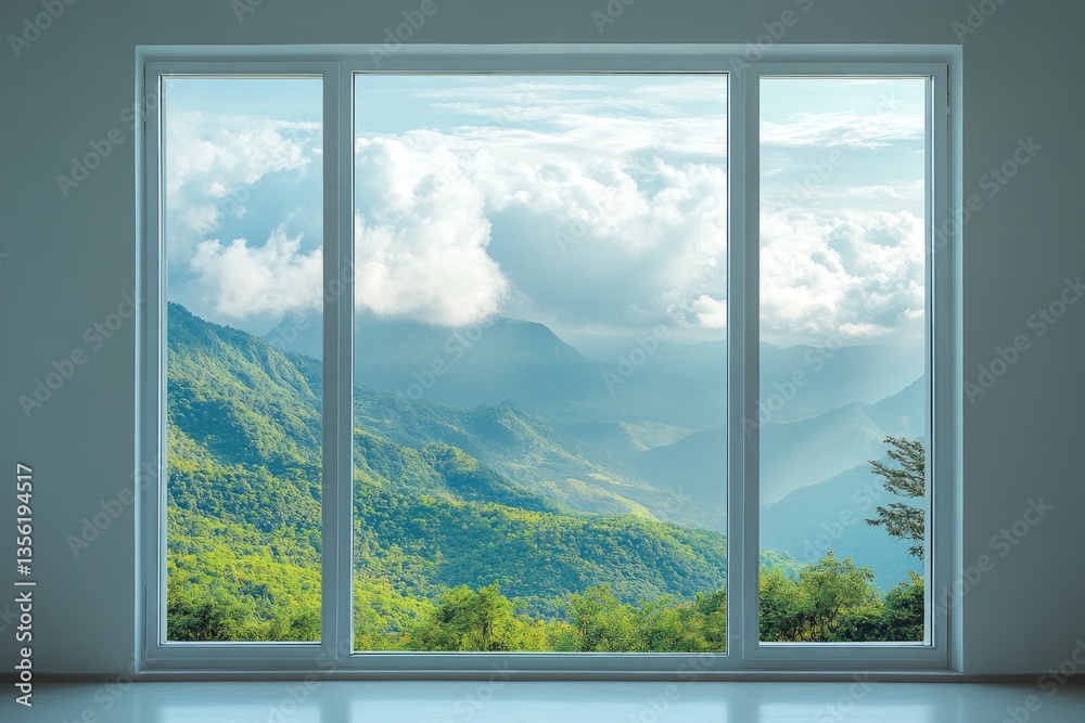 Mountain vista through a large window. Tranquil, expansive view of lush greenery, towering peaks and a cloudy sky Mountain vista through a large window. Tranquil, expansive view of lush greenery, towering peaks and a cloudy sky