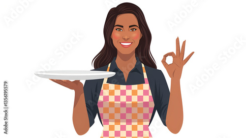 Photo of pretty positive young chef empty plate isolated yellow background