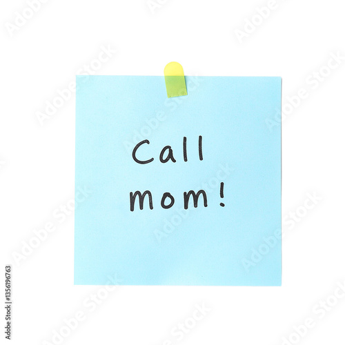 Reminder to call mom on a light blue sticky note vividly standing out on a clean white backdrop