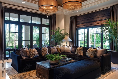 Stylish living room interior with comfortable dark sofa