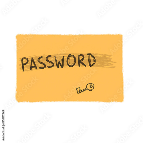 Close up of orange sticky note with blurred password and key sketch Perfect for cybersecurity concepts and digital security designs