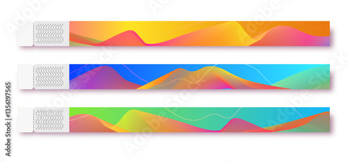 Bracelet event access different color for id fan zone or vip, party entrance, concert backstage identification, security checking, event. Mock up festival bracelet. Vector 10 eps