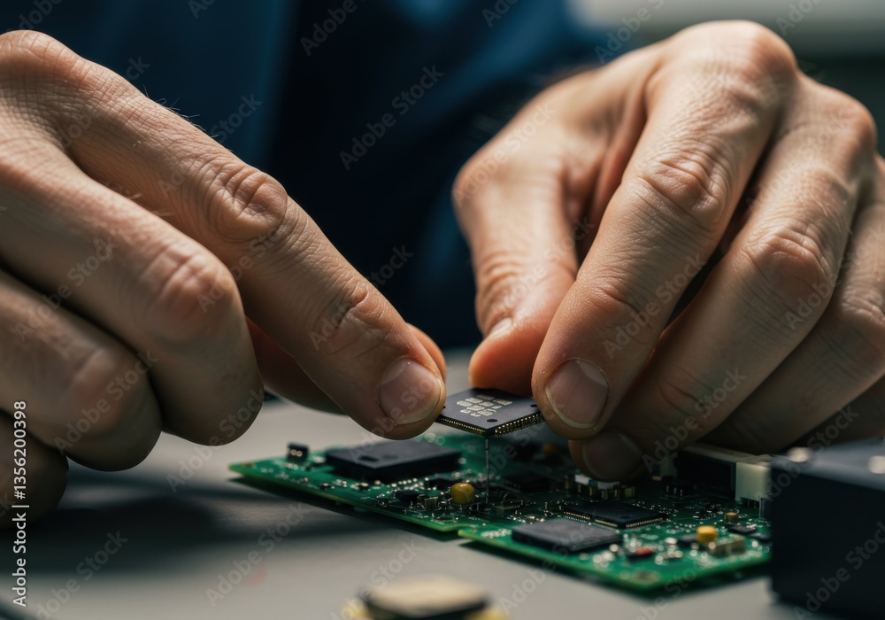 Naklejka premium A technician carefully installs a microchip onto a circuit board with focused precision.