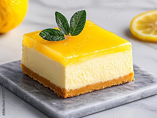 Delicious lemon cheesecake slice garnished with fresh mint leaves and lemon, served on a marble platter.
