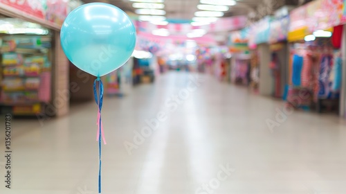 Single Teal Balloon in a Blurred Shopping Mall