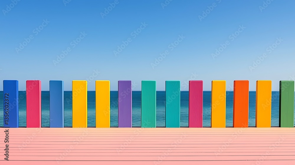 Colorful wooden posts on a pastel pink deck, ocean view Colorful wooden posts on a pastel pink deck, ocean view