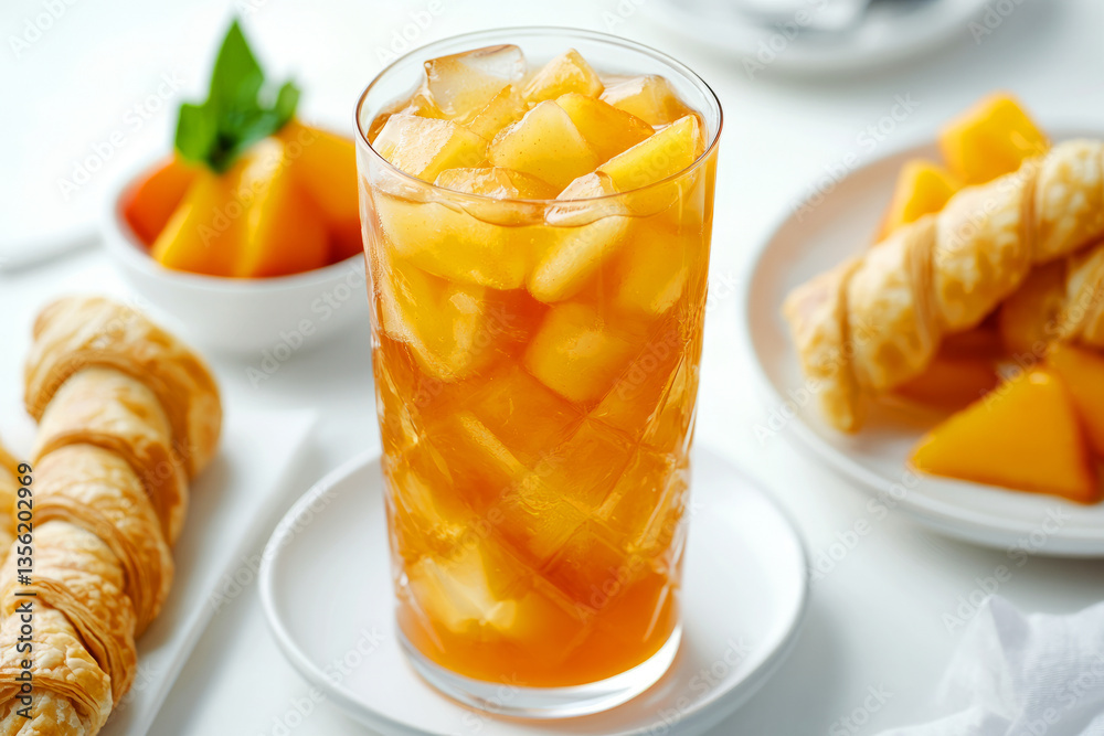 Refreshing Sweet Mango Beverage with Ice Cubes and Pastries on a Bright White Table Refreshing Sweet Mango Beverage with Ice Cubes and Pastries on a Bright White Table