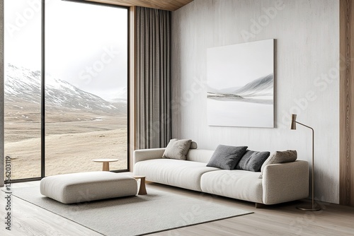 White minimalist living room interior with sofa on a wooden floor, decor on a large wall, white landscape in window. Home Nordic interior | Scandinavian interior poster mock up