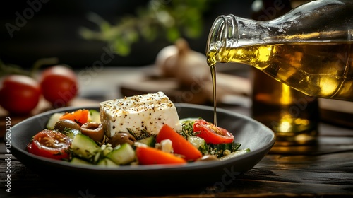 bowl of greek salad with herbs and feta cheese