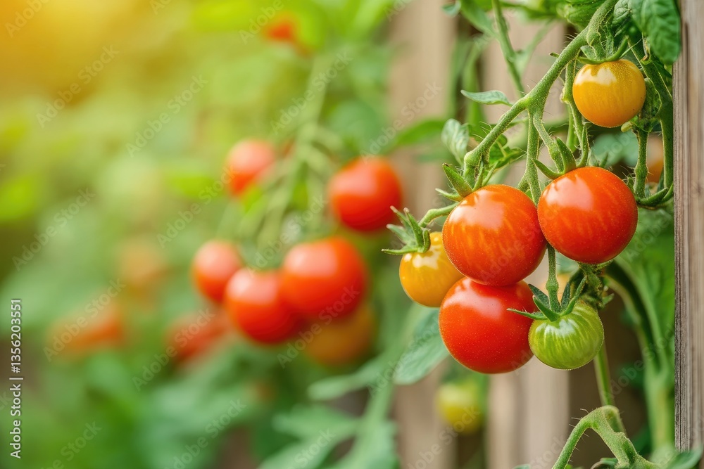 Vibrant tomatoes growing on a trellis. Clusters of ripening red, orange, and yellow cherry tomatoes hang from vines. Lush green foliage surrounds the plants Vibrant tomatoes growing on a trellis. Clusters of ripening red, orange, and yellow cherry tomatoes hang from vines. Lush green foliage surrounds the plants
