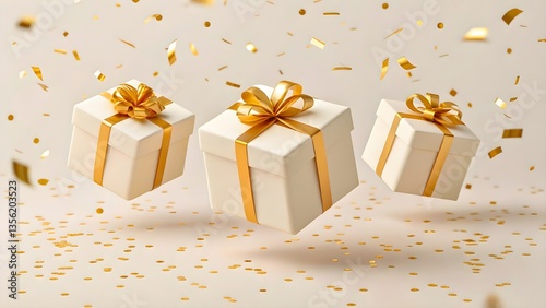 Elegant Floating Gift Boxes with Golden Ribbons and Confetti Celebration
